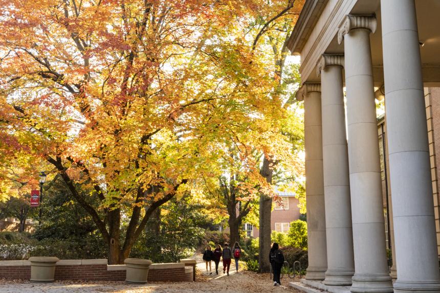 The Fine Arts Building at UGA with beautiful trees in Fall