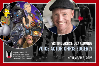 Smiling man in a cap with a collage of images of animated characters