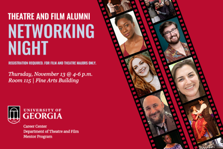 Film strips with headshots of alumni and some snapshots of shows from their student days. 