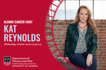 Alumni Career Chat with Kat Reynolds, Oct. 29 at 12:40pm. A smiling woman with light brown hair and a black leather jacket is sitting in front of a brick wall with a window.